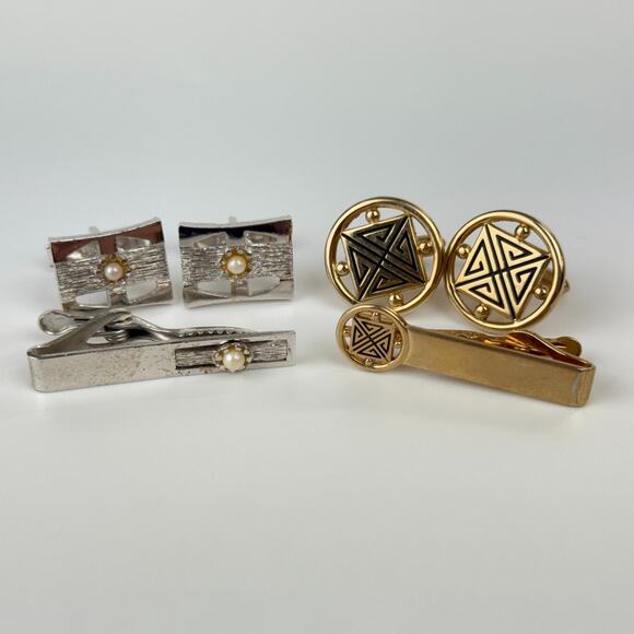 Swank Cufflinks With Matching Tie Clip 2 Sets Silver Tone Faux Pearl Gold Tone - Picture 1 of 9